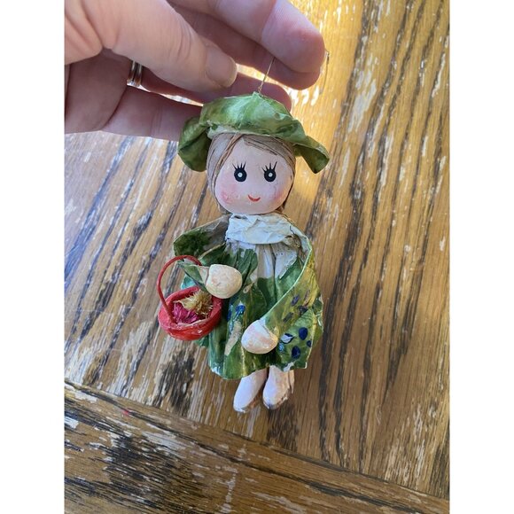 Vintage Handcrafted Paper Mache Girl Ornament In Green Dress & Red Basket - Picture 1 of 4
